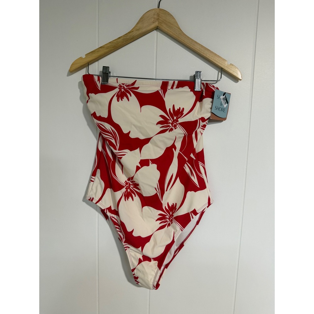 Shade & Shore One Piece Swimsuit M Red Floral Strapless High Leg Cheeky NWT